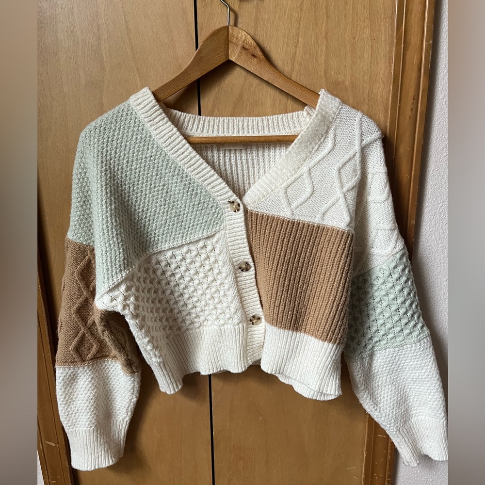 Altar’d State Colorblock Knit Cardigan Sweater - Cream, Mint & Brown